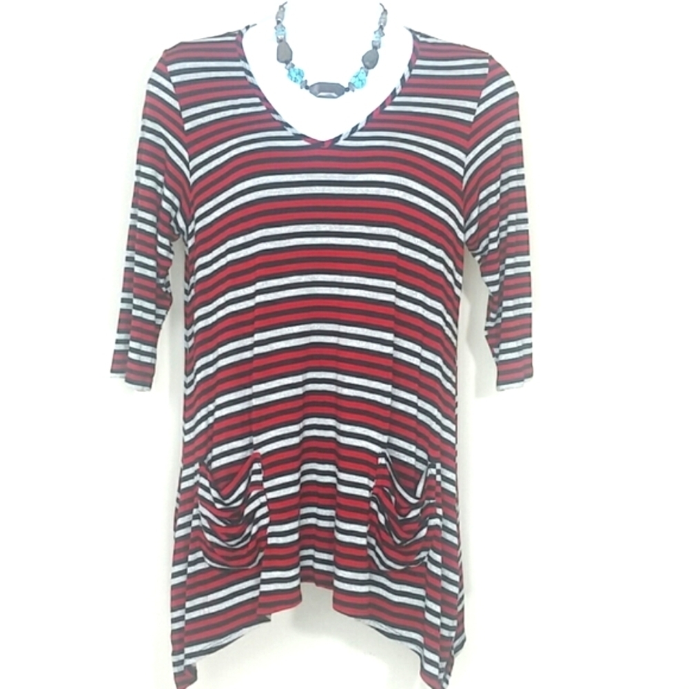 Top tunic t shirt shark bite 3/4 sleeve stretch striped gray red pullover pocket